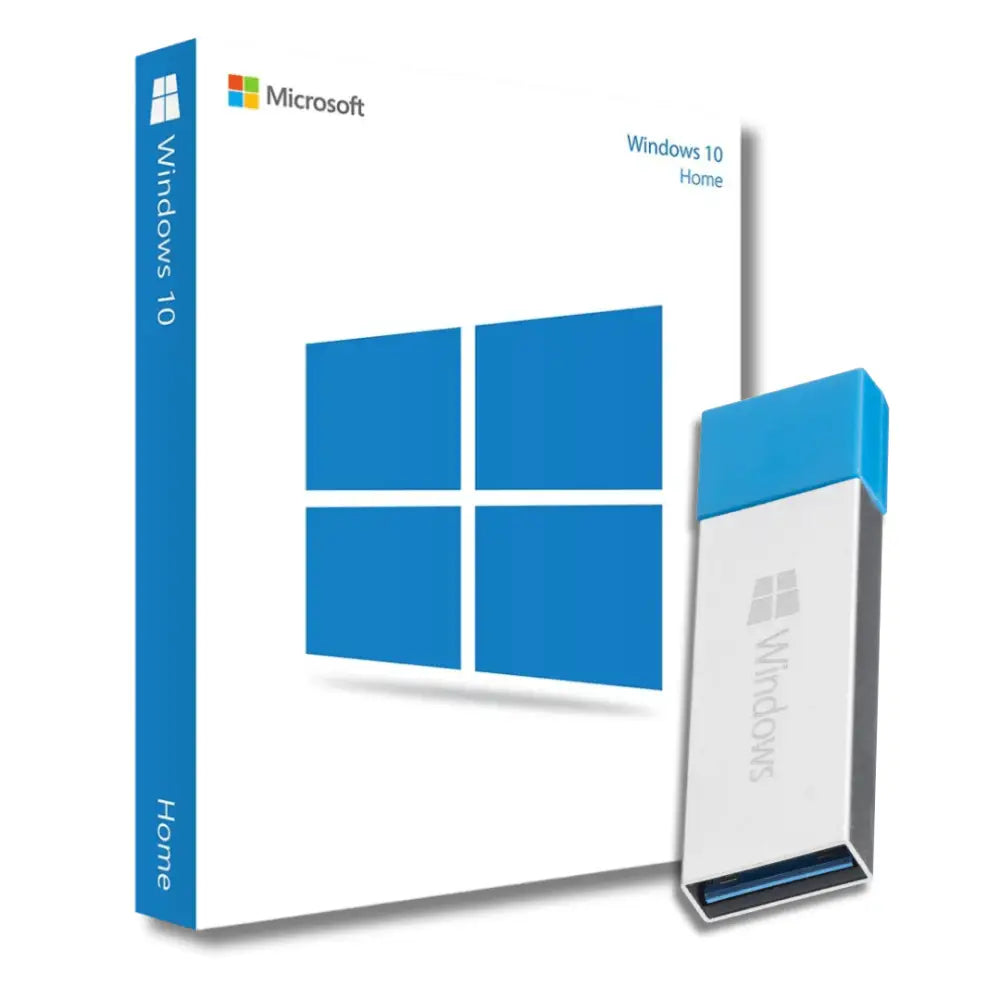 Microsoft Windows 10 Home USB installation package and USB drive for easy setup.