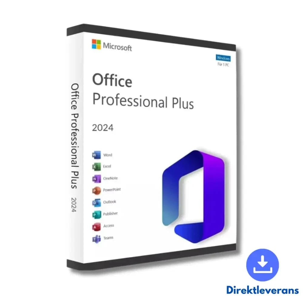 Microsoft Office Professional Plus 2024 product box featuring Word, Excel, PowerPoint, Outlook, and Teams.