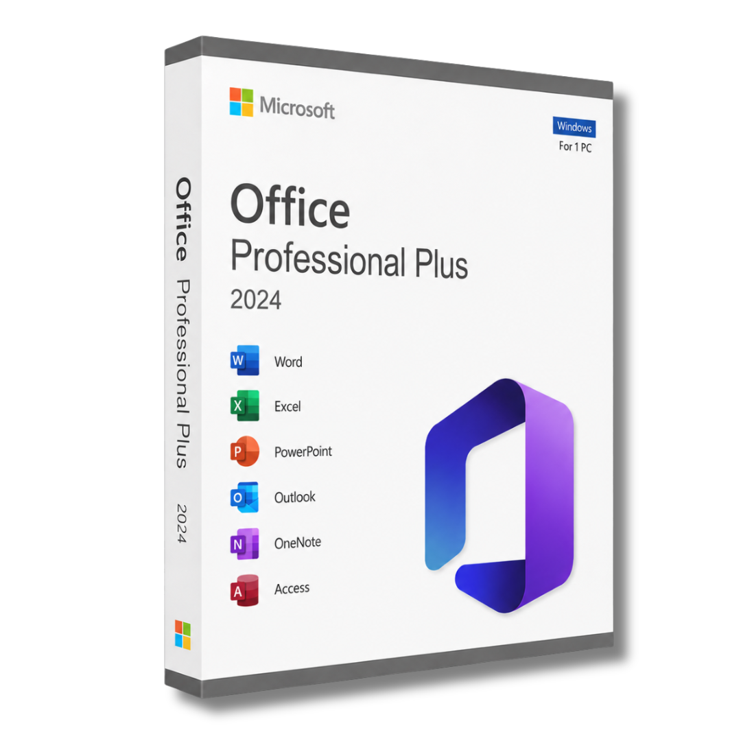 Microsoft Office Professional Plus 2024 product box featuring Word, Excel, PowerPoint, Outlook, and Teams.