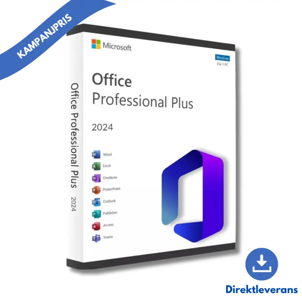 Microsoft Office Professional Plus 2024 product box featuring Word, Excel, PowerPoint, Outlook, and Teams.